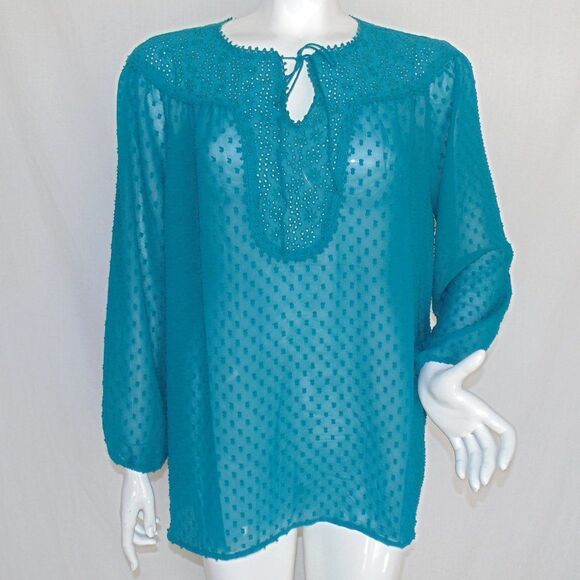 MATILDA JANE Tunic, L, Teal, Swiss Dots, Eyelet Yoke, Long sleeves, Tie neck - Picture 15 of 15
